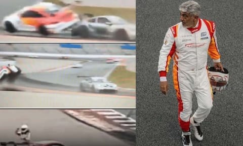Ajith’s car can be seen toppling twice after the crash while the actor is seen walking out of the vehicle unscathed (Daily Thanthi)