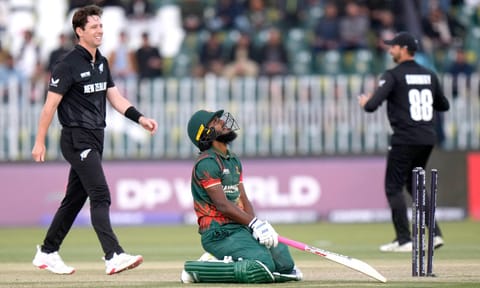 Bangladesh's Jaker Ali, center, reacts after he run out New Zealand's Tom Latham during the ICC Champions Trophy cricket match between Bangladesh and New Zealand, in Rawalpindi, Pakistan (PTI) 