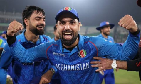 Afghanistan players celebrate after winning the match against England (X/@icc) 