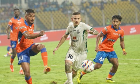 MSC's Alexis Gomes vies for the ball against FCG players at the Jawaharlal Nehru Stadium in Goa during their ISL 2024-25 match 