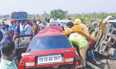 Rescue operations under way on Pudukottai-Karaikudi national highway, on Saturday 