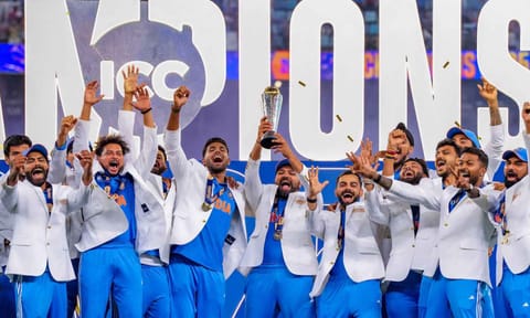  Indian cricket team celebrate holding the trophy after their win against New Zealand in the ICC Champions Trophy 2025 final cricket match (PTI)