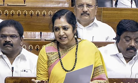 DMK MP Thamizhachi Thangapandian speaks in the Lok Sabha during the second part of the Budget session of Parliament, in New Delhi (PTI) 