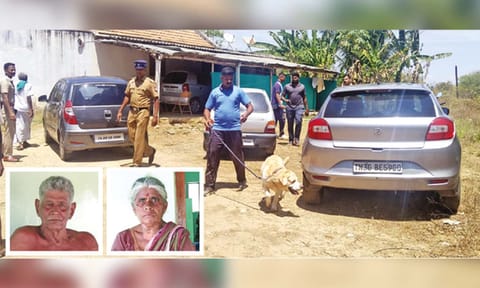 Police investigate scene of crime where elderly couple Palanisamy (82) and his wife Parvatham (75) found dead 