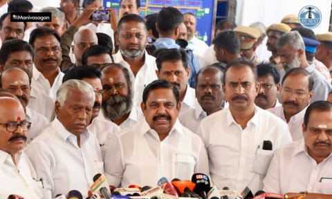 Leader of Opposition Edappadi Palaniswami with party legislators after walking out of the House on Friday (Manivasagan N)