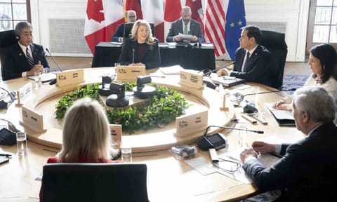 Japanese Foreign Minister Iwaya Takeshi, Canadian Foreign Minister Melanie Joly, US Secretary of State Marco Rubio, German Foreign Minister Annalena Baerbock, Italian Foreign Minister Antonio Tajani and EU foreign policy chief Kaja Kallas attend the G7 foreign ministers meeting (AP)
