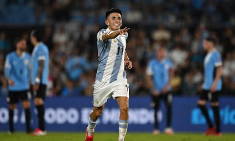 Thiago Almada celebrates after scoring against Uruguay 