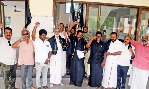 BJP cadres staging a protest outside the party office in Tiruchy on Saturday 