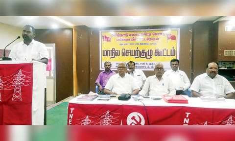TNEB Employees Federation president Bastin Raj presiding over the executive meeting, in Tiruchy, on Saturday 