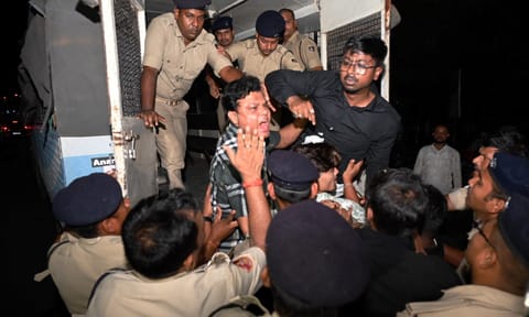 Police detain Congress leaders and Youth Congress workers who were trying to enter inside the State Assembly in protest against suspension of 12 Congress MLAs, in Bhubaneswar (PTI) 
