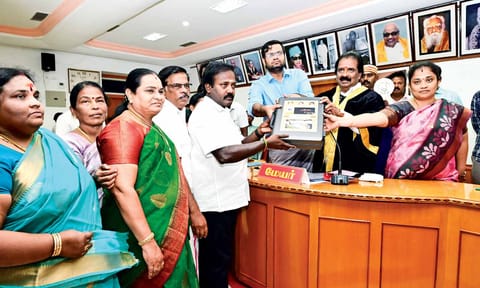 Finance Committee chairperson T Muthuselvan along with Mayor Mu Anbalagan presents the budget, on Wednesday
