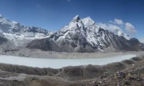 Imja Lake, a glacial lake in the Mount Everest region of Nepal, began as meltwater ponds in 1962 and now contains 90 million cubic meters of water 