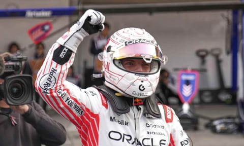 Red Bull driver Max Verstappen of the Netherlands celebrates after the qualifying session for the Japanese Formula One Grand Prix (AP)