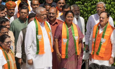 Union Minister and BJP National President JP Nadda, Delhi Chief Minister Rekha Gupta during the hoisting of the party's flag at an event on the occasion of the party's foundation day, at the party's headquarters, in New Delhi (PTI) 
