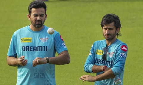 Zaheer Khan with Ravi Bishnoi during a practice session 