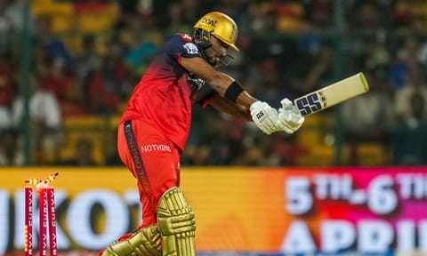  Royal Challengers Bengaluru's Devdutt Padikkal gets clean bowled during an Indian Premier League (IPL) 2025 cricket match between Royal Challengers Bengaluru and Gujarat Titans (PTI)