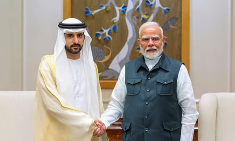 Prime Minister Narendra Modi with Crown Prince of Dubai and Deputy Prime Minister and Minister of Defence of UAE Sheikh Hamdan bin Mohammed bin Rashid Al Maktoum during a meeting, in New Delhi (PTI)