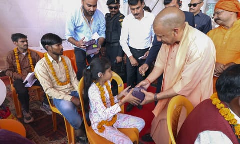 In this image posted by @myogiadityanath via X on Tuesday, April 15, 2025, UP CM Yogi Adityanath attends a Vijayotsav program organized in the memory of Raja Narpati Singh, the great warrior of the first freedom struggle, in Hardoi. (PTI) 