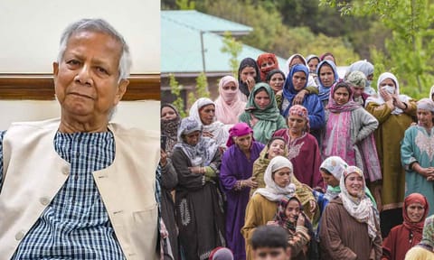 Bangladesh's interim government led by Chief Adviser Muhammad Yunus; Bereaved family members of Syed Adil Hussain Shah, a pony ride operator who was killed in the terror attack at Pahalgam, and others mourn during his funeral, in Anantnag district, Jammu and Kashmir, Wednesday, April 23, 2025 (PTI) 