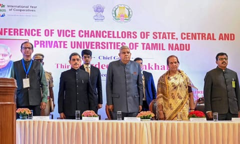 Vice President Jagdeep Dhankhar poses for group photos during the inauguration of the Vice Chancellors conference in Tamil Nadu, in Udhagamandalam (PTI) 