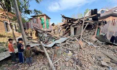 The destroyed house of Pahalgam terror attack accused Zakir Ahmad Ganie after a blast in Matalhama area of Kulgam district, J & K, Saturday