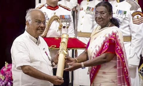 President Droupadi Murmu confers the Padma Shri on Lakshmipathy Ramasubbaiyer, the publisher of leading Tamil daily Dinamalar, during the Civil Investiture Ceremony-I at Rashtrapati Bhavan, in New Delhi (PTI) 