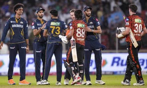 Gujarat Titans' players celebrate after winning the Indian Premier League (IPL) 2025 cricket match against Sunrisers Hyderabad, in Ahmedabad, Friday, May 2, 2025 (PTI) 