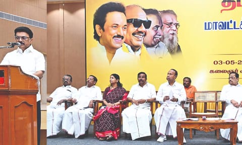 DMK president MK Stalin addressing the party’s district secretary meeting on Saturday