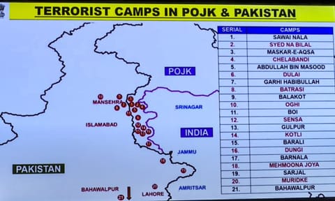 A map showing the terrorist camps struck as part of 'Operation Sindoor' in Pakistan and PoK, being displayed during a press conference, in New Delhi (PTI)