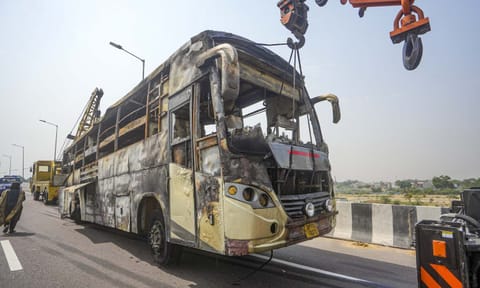 Charred remains inside a bus after it caught fire, in Lucknow, Thursday, May 15, 2025 (PTI) 