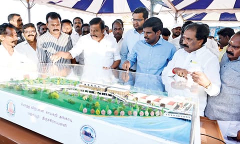 Municipal Administration Minister KN Nehru having a look at the model of the upcoming vegetable market at Panjappur IBT 