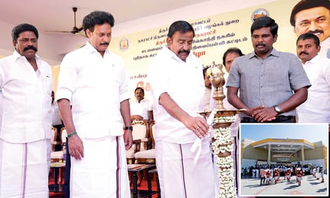 Minister KN Nehru along with minister Anbil Mahesh Poyyamozhi inaugurated the building of Corporation High School in E-Pudur constructed at an estimated cost of Rs 18.41 crore 