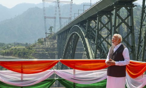 Prime Minister Narendra Modi during the inauguration of the Chenab bridge, the world's highest railway bridge over the Chenab river, in Reasi district (PTI) 