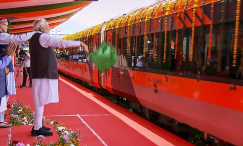 Prime Minister Narendra Modi flags off the Vande Bharat Express to inaugurate the Katra-Srinagar Vande Bharat service, at Shri Mata Vaishno Devi station, in Katra, Jammu and Kashmir, Friday, June 6, 2025 (PTI) 