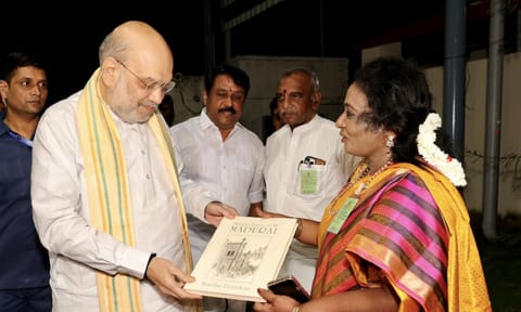 Union Home Minister and BJP leader Amit Shah being received by party workers upon his arrival in Madurai, Tamil Nadu