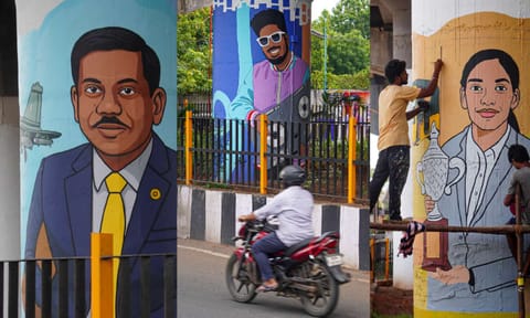 Murals of DRDO scientist Dilli Babu; DJ Black aka Sudhan Kumar; youngest Carrom World Cup winner MB Khazima (Photo: Nitheeshwar) 