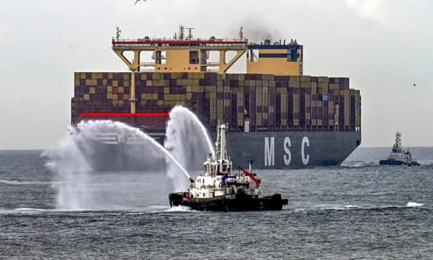 Water salute being given to MSC Irina, the world's largest container vessel, upon its arrival at the Vizhinjam International Seaport Limited (VISL), in Thiruvananthapuram (PTI) 