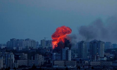 A Russian airstrike on Friday in Kyiv, Ukraine. Russia has launched hundreds of drones and decoys across Ukraine since the end of May (AP)