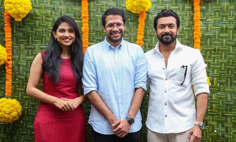 Mamitha Baiju, Suriya and Venky Atluri at the pooja ceremony of Suriya 46 (File Photo)