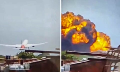In this combo of images, a London-bound Air India plane crashes moments after taking off from the Ahmedabad airport, Thursday, June 12, 2025 (PTI) 