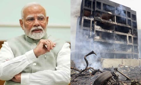 PM Narendra Modi; Debris of an Air India plane that crashed moments after taking off from the Ahmedabad airport, Thursday, June 12, 2025 (PTI) 