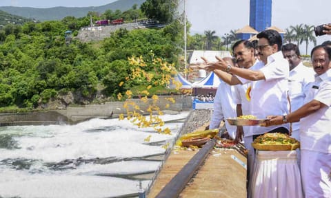 Tamil Nadu Chief Minister M.K. Stalin during the release of water from the Mettur dam for irrigation in the Cauvery Delta region, in Salem district (PTI) 