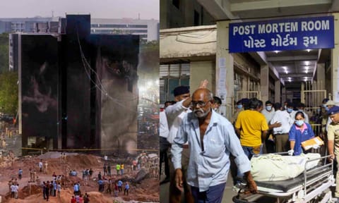 (L-R) Ahmedabad plane crash: Rescue and relief work underway; Body of a victim being carried on a stretcher outside the post-mortem room (PTI)