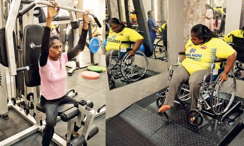 A specially-abled woman working out at the gym; Unique treadmill equipment for women using wheelchair 