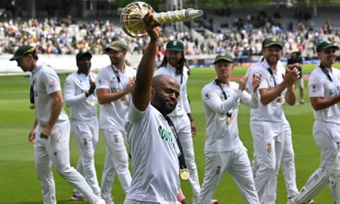  South Africa captain Temba Bavuma holds the Test Championship mace after his team's triumph
