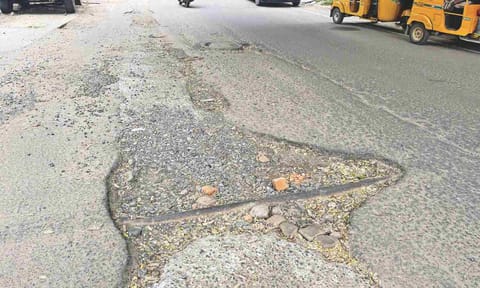 The damaged Valliammal Road in Purasawalkam cries for serious attention 