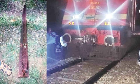 (left) The iron rail piece that was kept on the track; the train was halted for more than two hours at the spot