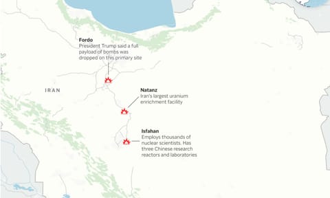 Map of three Iranian nuclear and military sites that US forces have attacked (AP)