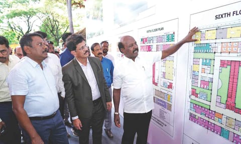 Health Minister Ma Subramanian and officials inspecting the plan for the Children’s Multi-Speciality hospital on Sunday 