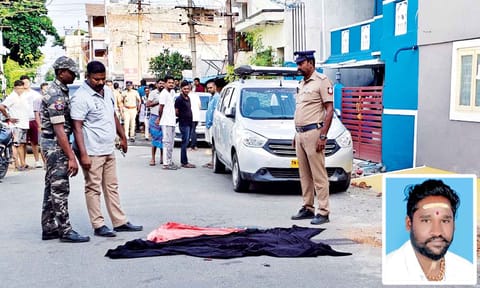 Police investigating at the spot where (inset)Balamurugan was murdered at Kamaraj Nagar in Tirupur on Wednesday